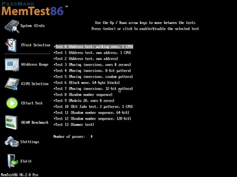 Запуск Memtest86 и выбор опций тестирования