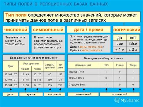 Описание основных полей и их типов данных