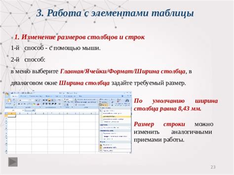 Работа с основными элементами формата: ячейки, столбцы, строки